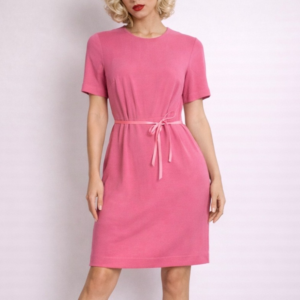 60s Vintage Pink Linen Blend Sheath Dress Womens XS Short Sleeve Hot Pink Office